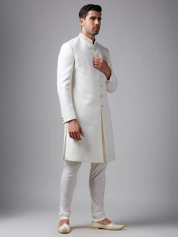 Elegant off-white raw silk indowestern