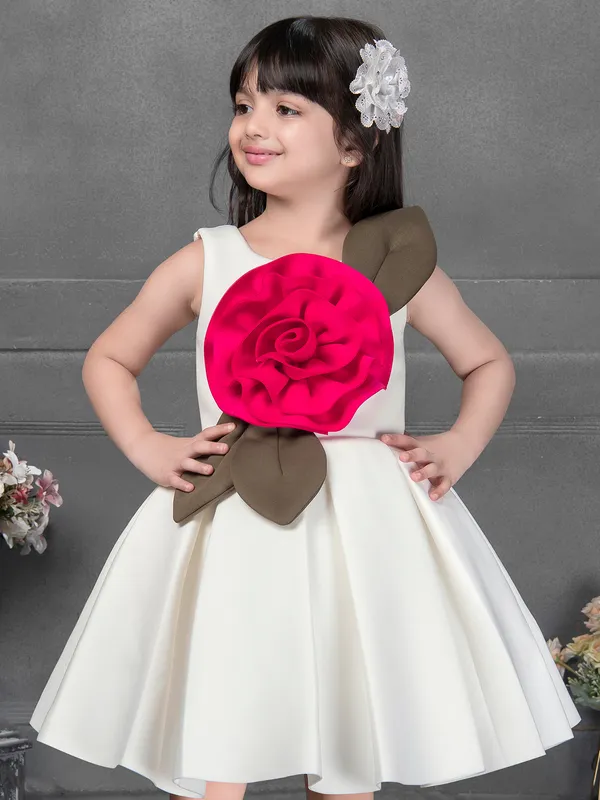 Elegant off white satin frock with applique work
