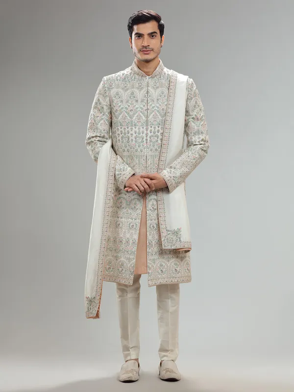Elegant off white silk sherwani