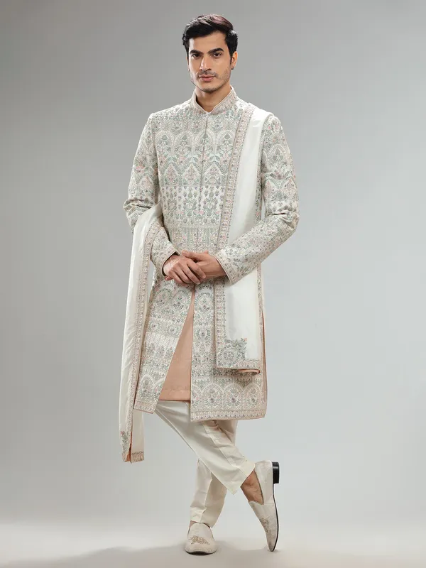 Elegant off white silk sherwani