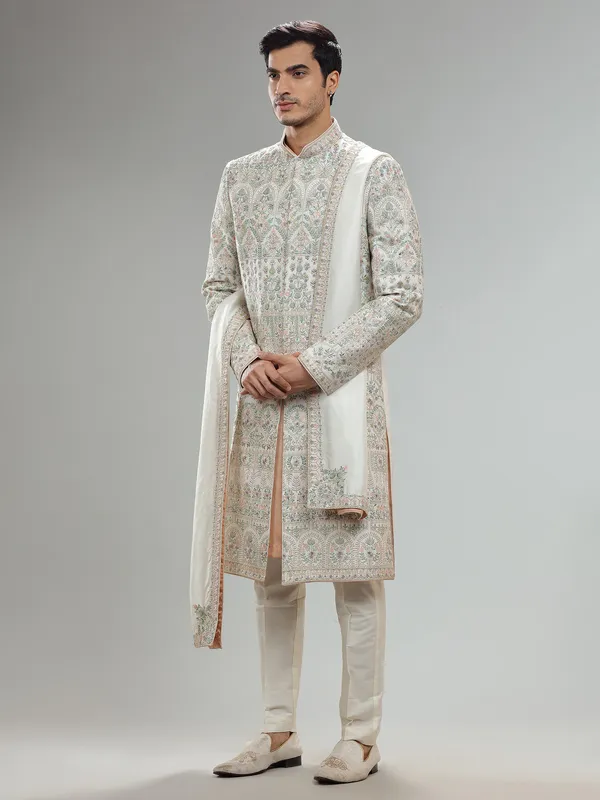 Elegant off white silk sherwani