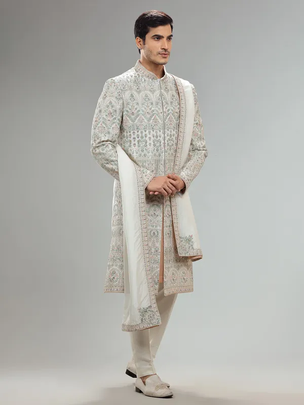 Elegant off white silk sherwani