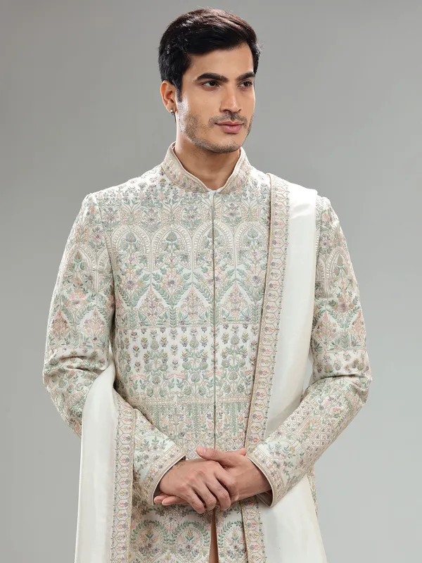 Elegant off white silk sherwani