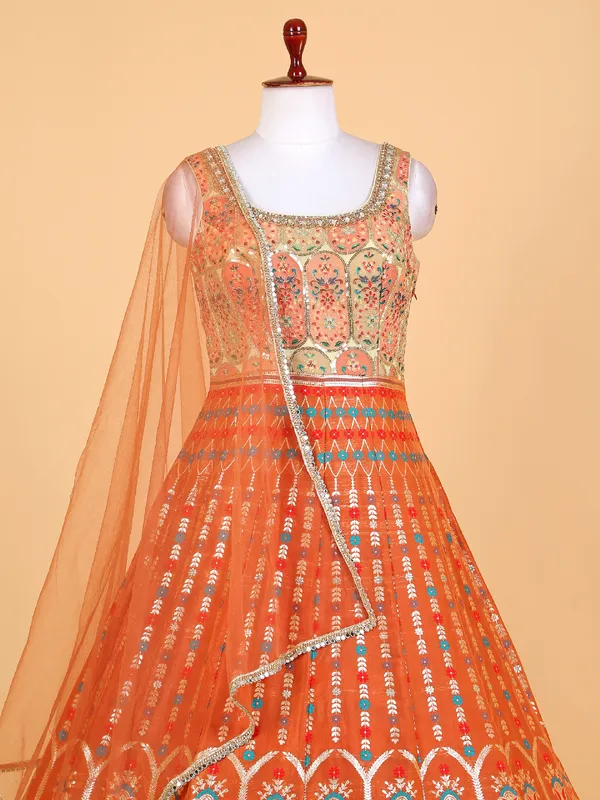 Elegant orange raw silk anarkali suit