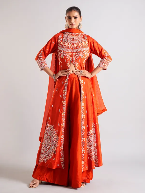 Elegant orange raw silk palazzo salwar suit