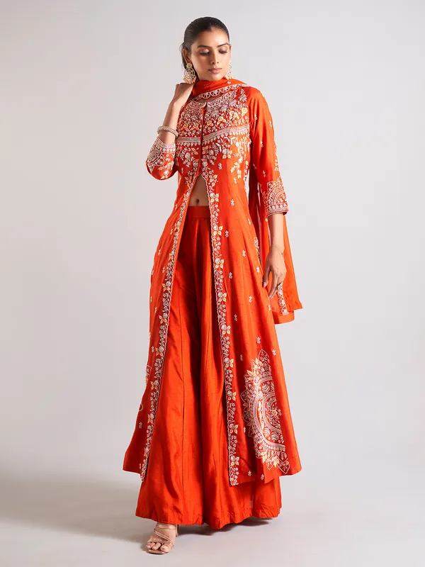 Elegant orange raw silk palazzo salwar suit
