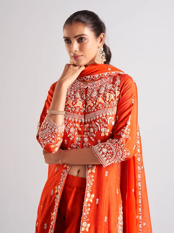 Elegant orange raw silk palazzo salwar suit