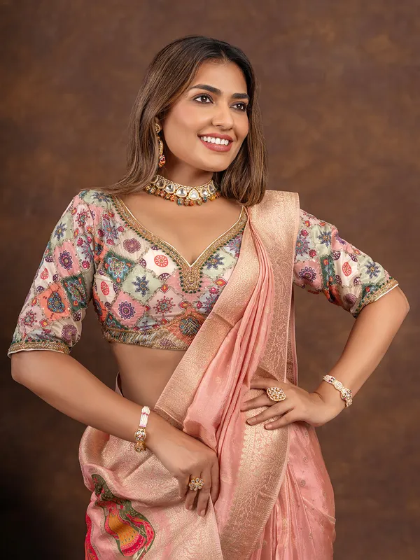 Elegant peach dola silk saree