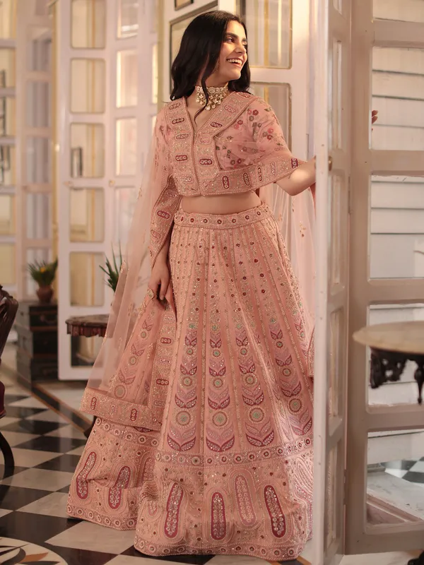Elegant peach lehenga choli in raw silk