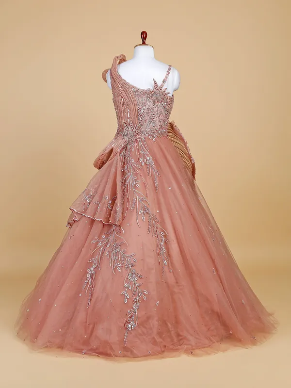 Elegant peach net designer gown