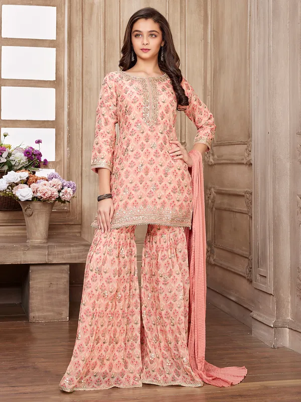 Elegant peach printed sharara suit