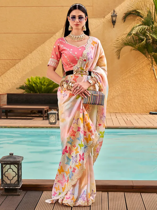 Elegant peach semi organza printed saree