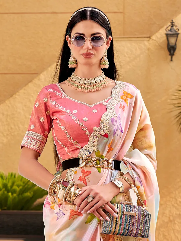 Elegant peach semi organza printed saree