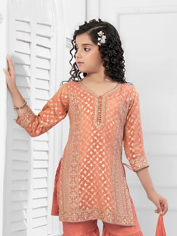Elegant peach silk festive style sharara suit