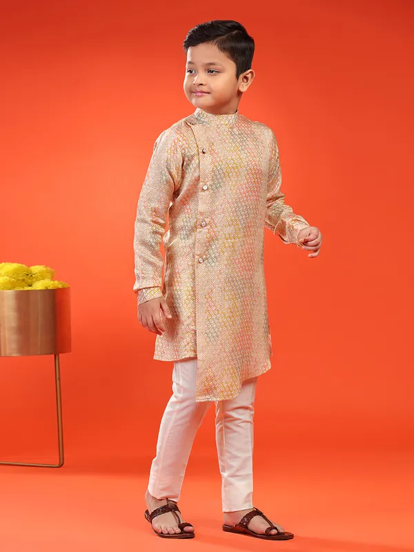 Elegant peach silk printed kurta suit