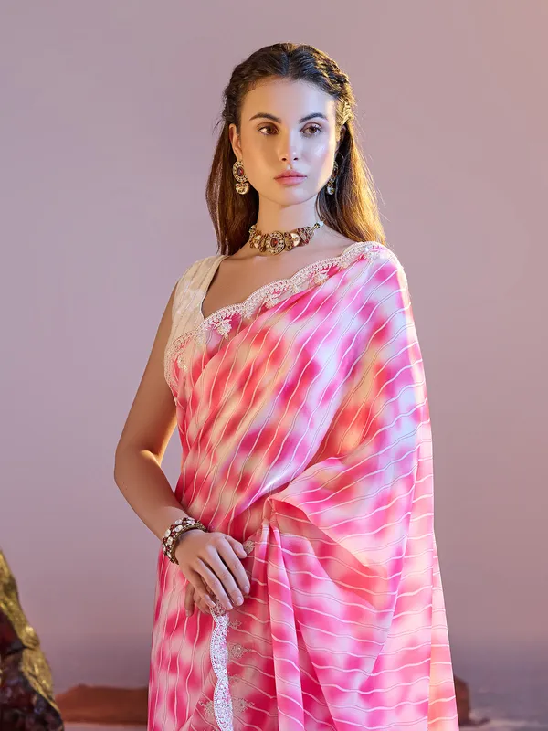 Elegant pink printed satin saree