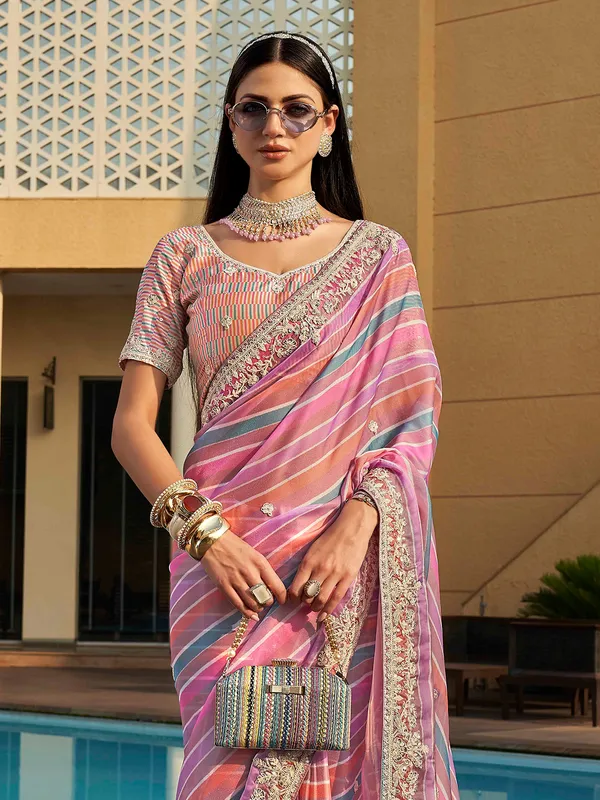 Elegant pink semi organza stripe saree