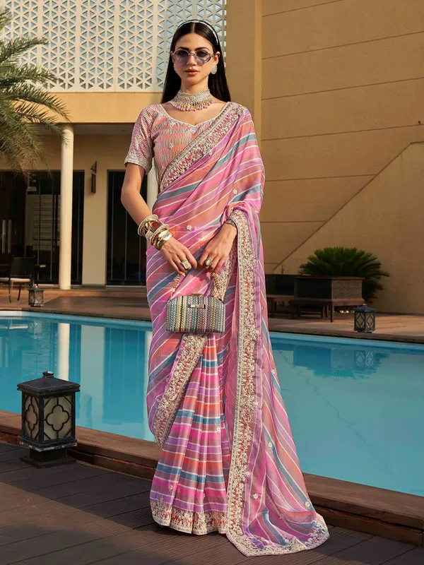 Elegant pink semi organza stripe saree