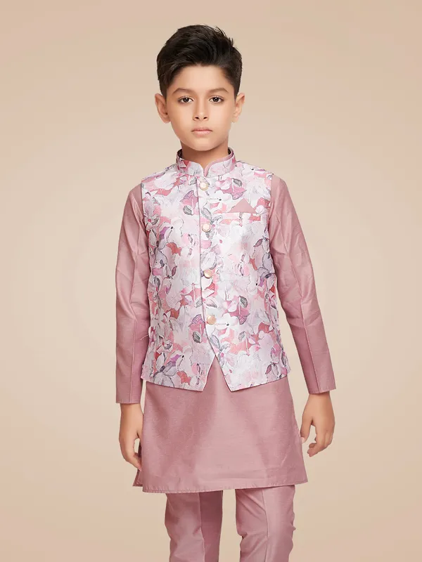 Elegant pink silk printed waistcoat set