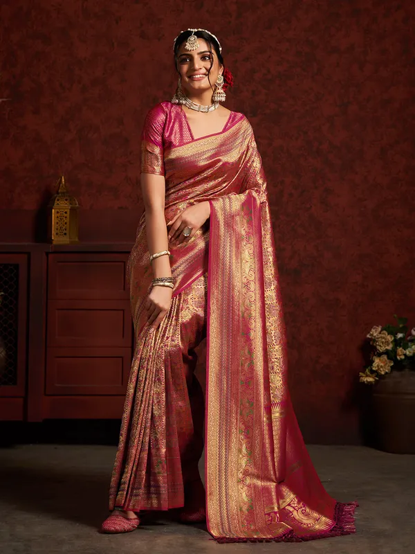 Elegant pink zari weaving saree