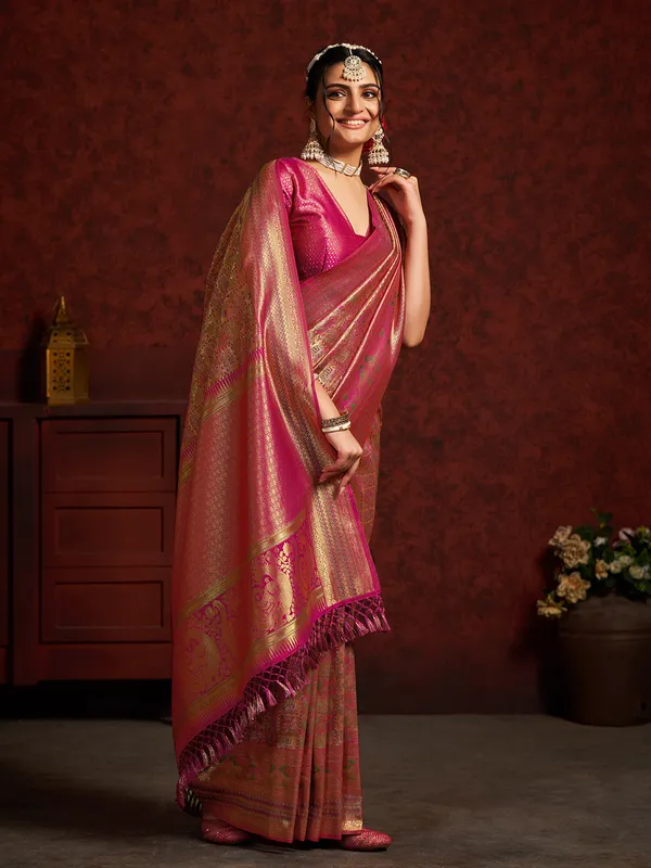 Elegant pink zari weaving saree