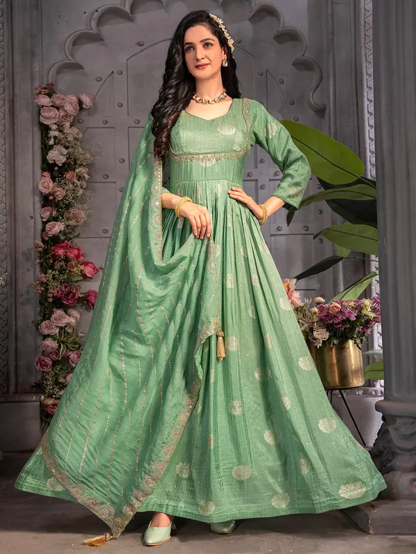 Elegant pista green banarasi silk anarkali suit