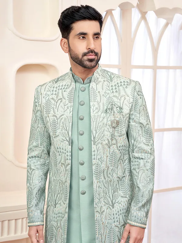 Elegant pista green indowestern for wedding prestige