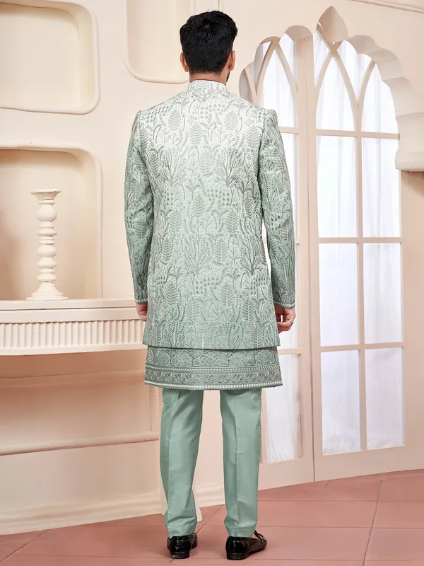 Elegant pista green indowestern for wedding prestige