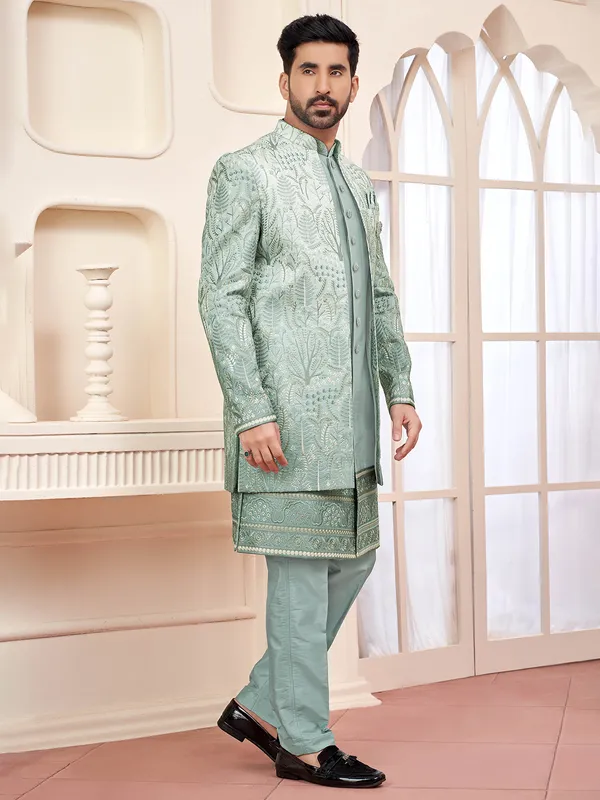 Elegant pista green indowestern for wedding prestige
