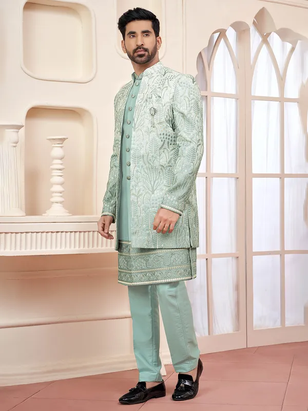 Elegant pista green indowestern for wedding prestige