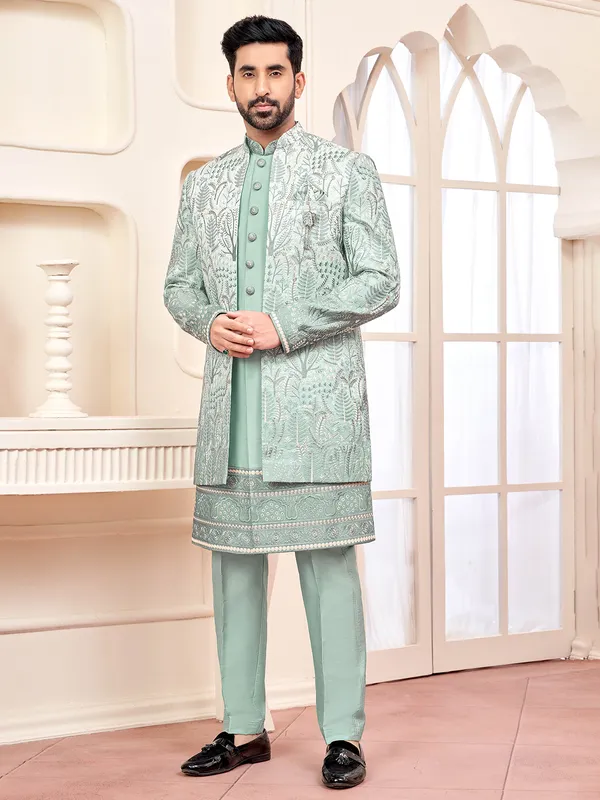 Elegant pista green indowestern for wedding prestige
