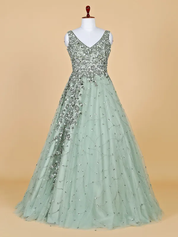 Elegant pista green net gown