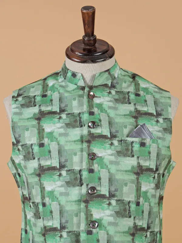 Elegant pista green printed waistcoat in silk