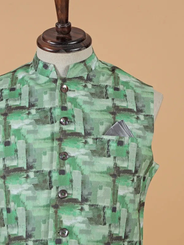 Elegant pista green printed waistcoat in silk