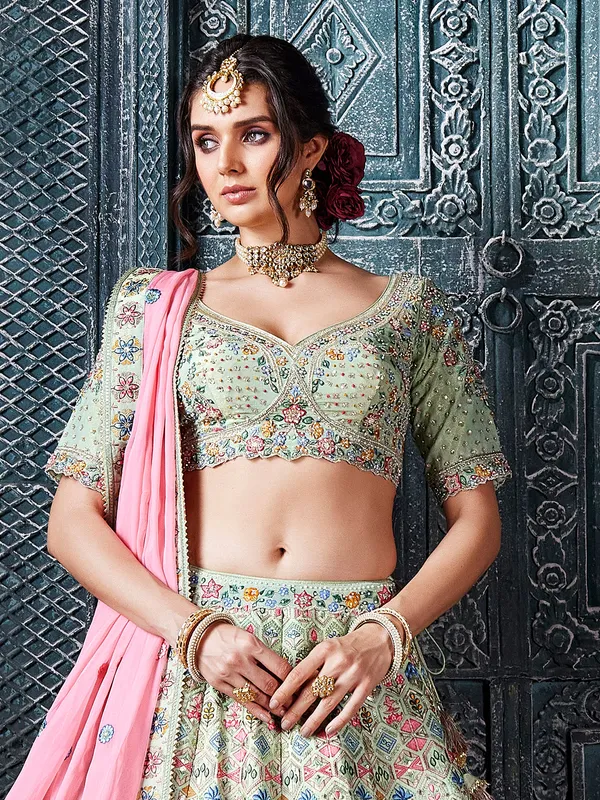Elegant pista green raw silk lehenga choli