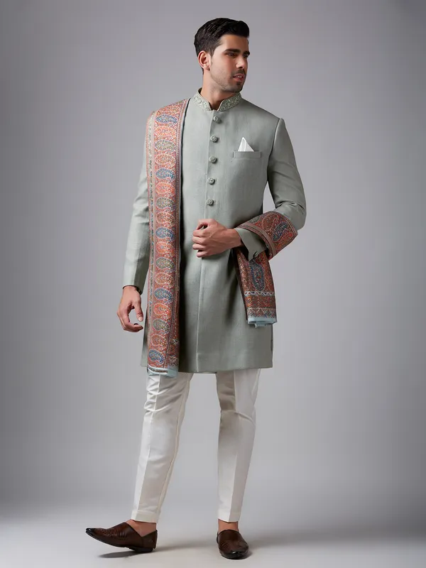 Elegant pista green silk plain sherwani