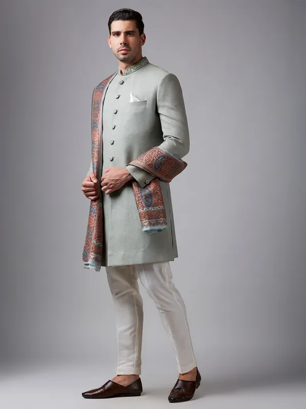 Elegant pista green silk plain sherwani