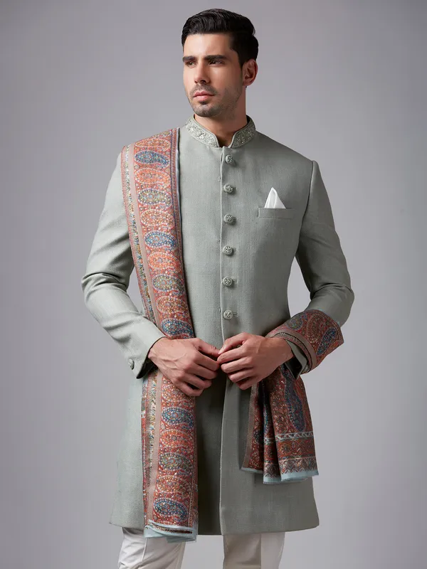 Elegant pista green silk plain sherwani