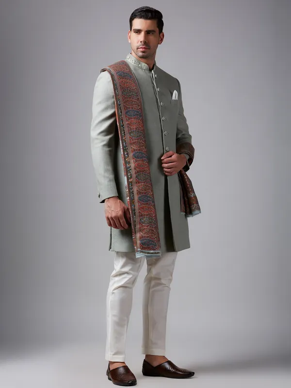 Elegant pista green silk plain sherwani