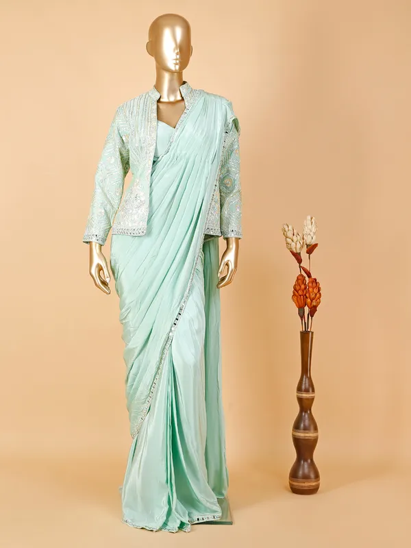 Elegant pista green silk pre stitched saree