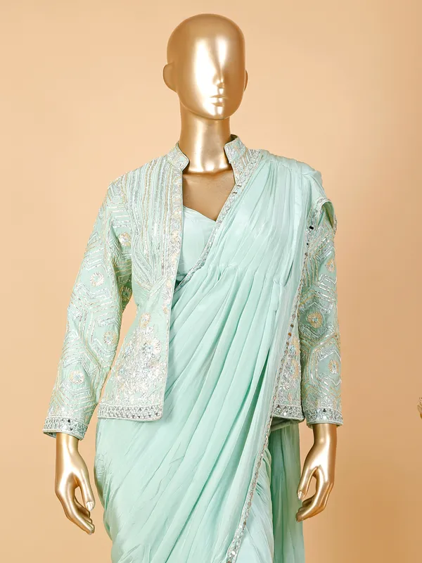 Elegant pista green silk pre stitched saree
