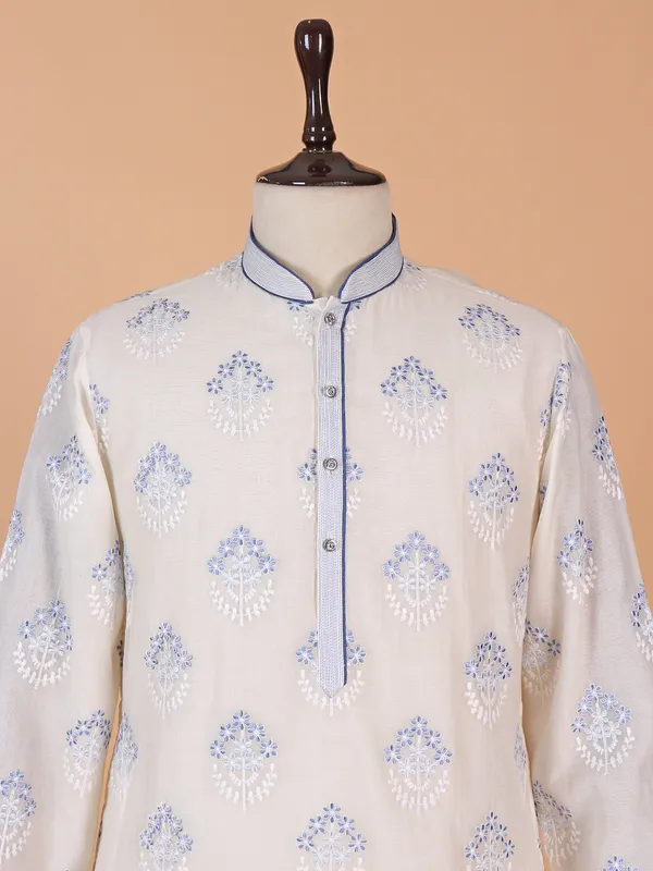 Elegant plain white cotton silk kurta suit suit for men