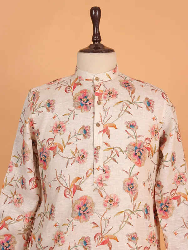Elegant printed beige cotton kurta for men