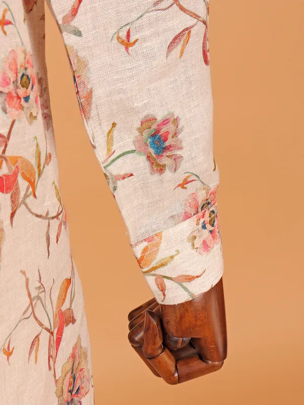 Elegant printed beige cotton kurta for men