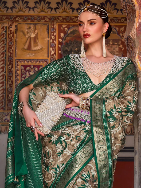 Elegant printed dark green saree