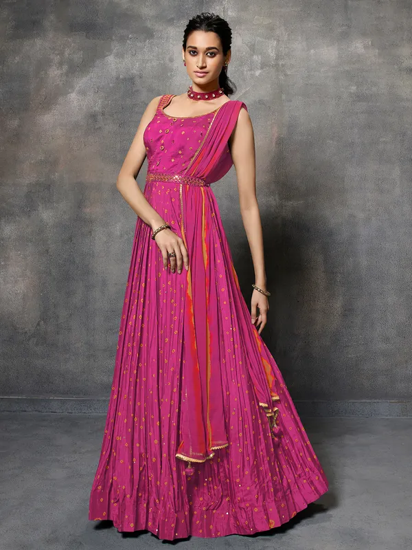 Elegant printed magenta anarkali suit in silk