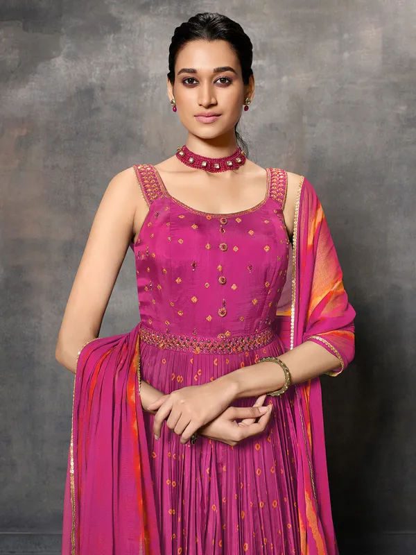Elegant printed magenta anarkali suit in silk