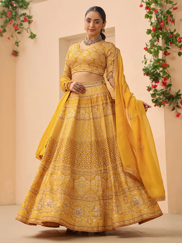 Elegant printed mustard yellow lehenga choli
