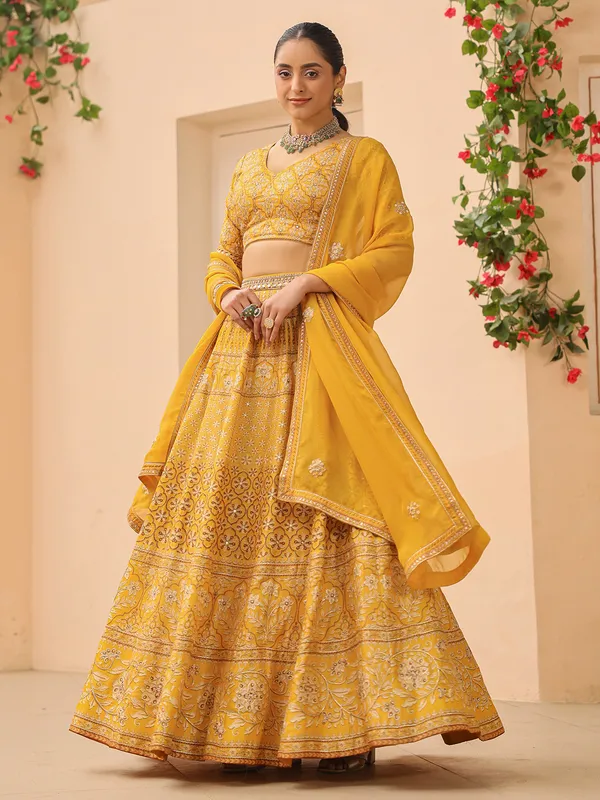 Elegant printed mustard yellow lehenga choli