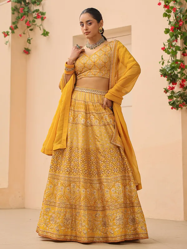 Elegant printed mustard yellow lehenga choli